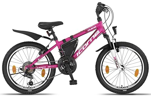 Licorne Bike Guide Bicicleta de montaña de 20 Pulgadas, Cambio de 18 velocidades, suspensión de Horquilla, Bicicleta Infantil, para niños y niñas,Bolsa para Cuadro,Rosa/Blanco