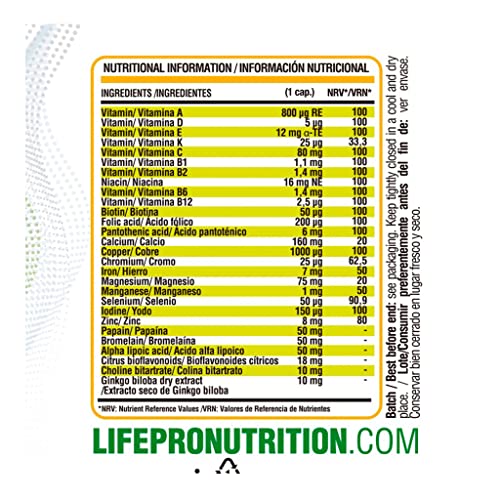 Life Pro Daily Vits – Multivitaminas y minerales para lo protección del sistema inmune – Vitaminas A, D, E, K, C, B1, B2, B6 y B12 – 60 cápsulas – Producto apto para veganos