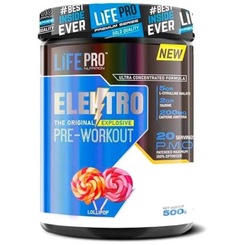 Life Pro Elektro Pre Workout para mejorar el rendimiento muscular – Suplemento deportivo pre entreno para mejorar la recuperación muscular – 500 gramos – sabor Lollipop