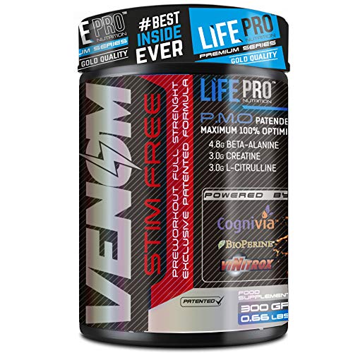 Life Pro New Venom Non Stimulant Pre Workout – Pre entreno sin cafeína ni estimulantes para mejorar la recuperación y el incremento de masa muscular – 300 gramos – Sabor cola