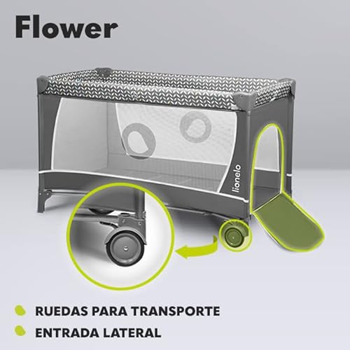 lionelo Flower Camita de Viaje 4 en 1 65 x 125 x 76 cm para niños hasta 15 kg Colchón Organizador Cambiador Toy Bar Juguetes interactivos 2 Reudas Compacta Bolsa para Transportar Gris