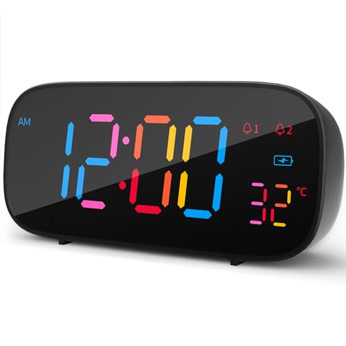 LIORQUE Reloj Despertador Digital, Despertador Digital Pilas con Pantalla LED de Colores y Temperatura, Función de Repetición, 0-100% Brillo, 8 Tonos, 2 Alarmas, 12/24H, Puerto de Carga USB