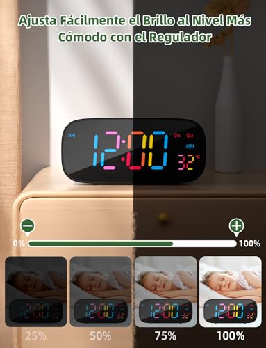 LIORQUE Reloj Despertador Digital, Despertador Digital Pilas con Pantalla LED de Colores y Temperatura, Función de Repetición, 0-100% Brillo, 8 Tonos, 2 Alarmas, 12/24H, Puerto de Carga USB