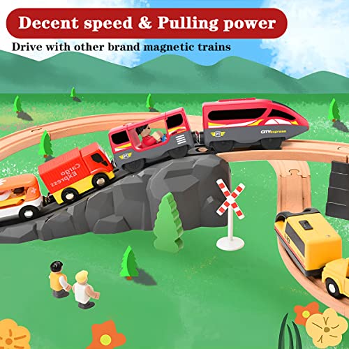 LiRiQi Tren de Locomotora de acción con batería (conexión magnética), Tren eléctrico de Juguete para niños pequeños, Juego de Tren eléctrico de Alta Velocidad Compatible con Thomas, Brio, Rojo
