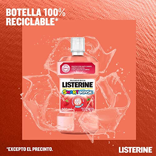 Listerine Enjuague Bucal Sin Alcohol para Niños, Smart Rinse, Sabor Frutos Rojos, Protección Anti Caries, Con Flúor, 500 ml