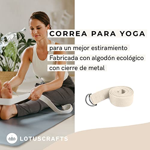 Lotuscrafts Cinturón de Yoga 100% algodón (orgánico) - para un Mejor Estiramiento - para Principiantes y avanzados - cinturón de Yoga con Hebilla de Metal [250 x 3,8 cm].