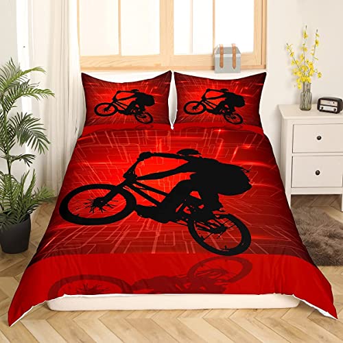 Loussiesd - Juego de ropa de cama para niños, niñas y adolescentes, tamaño super king, estampado con la silueta de un ciclista de BMX, fondo rojo (3 piezas, 1 funda nórdica de microfibra con