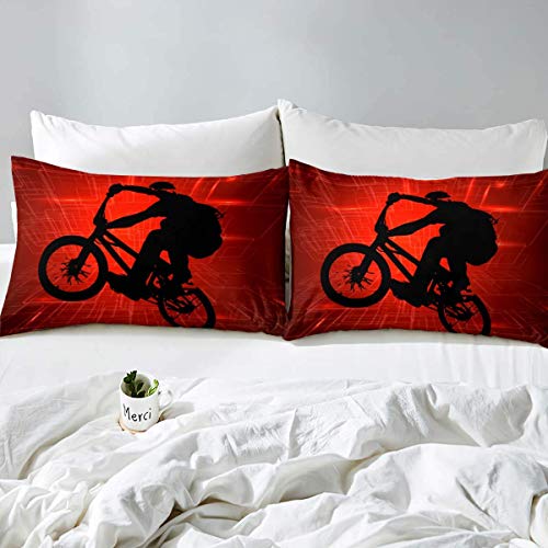 Loussiesd - Juego de ropa de cama para niños, niñas y adolescentes, tamaño super king, estampado con la silueta de un ciclista de BMX, fondo rojo (3 piezas, 1 funda nórdica de microfibra con