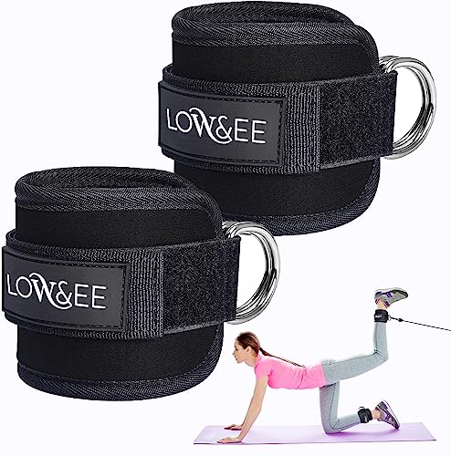 LOW&EE® Pack 2 Tobilleras Poleas Gym - Tobillera para Polea Acolchada de Velcro para Mujeres y Hombres - Correa Tobillos Gym para Máquina de Cable Fitness y Gimnasio (Negro)