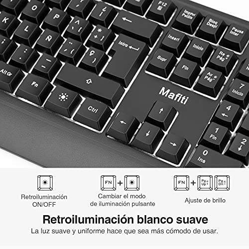 mafiti RK201 Teclado con Cable, USB Teclado Retroiluminado, Laptop Teclado Español, Teclado de PC USB, Teclado de Tamaño Completo 12 Botones Multimedia, para Windows XP/7/8/10/Vista (ES-RK201)