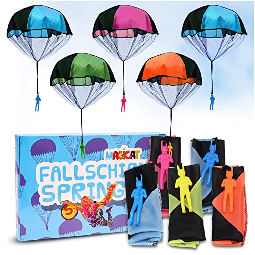 Magicat Paracaídas de Juguete Premium I Set de 5 Paracaidistas I Juguetes voladores para lanzar a Mano al Aire Libre I Juegos de Vuelo niños y niñas