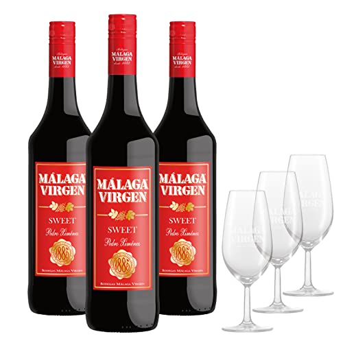 Málaga Virgen Sweet - Pack 3 botellas de 75 cl + 3 catavinos grabados - Vino de licor dulce D.O. "Málaga