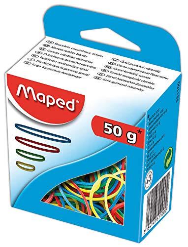 Maped - Material de Oficina - Gomas Elásticas - Caja de 50 g - Colores y Tamaños Surtidos - Ideales para Cerrar Bolsas o Paquetes - Almacenaje Sencillo
