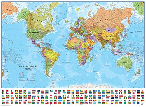 Maps International - Mapa del mundo con banderas, laminado, 84,1 cm de ancho x 59,4 cm de alto