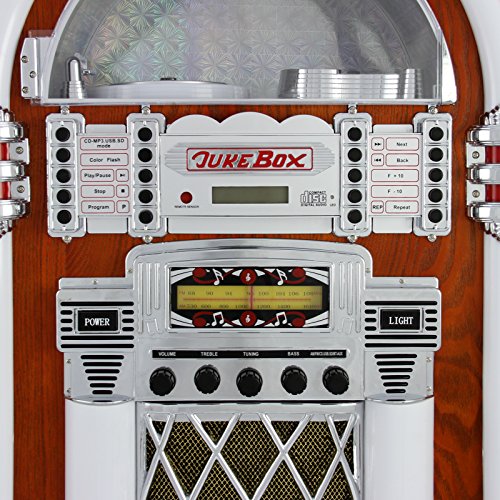 Máquina de Discos Retro Tocadiscos Años 1950 Jukebox Estilo Vintage Pantalla LCD Luces CD, USB, Memory Card SD/MMC, Radio AM FM, MP3, Bluetooth, AUX, Entretenimiento para Bares Pubs con Mando GRATIS