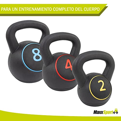 MaxxSport PVC Kettlebells - Soportes de bolas - Set de pesas de fitness - Set de 3 Kettlebell - 2, 4 y 8 kg