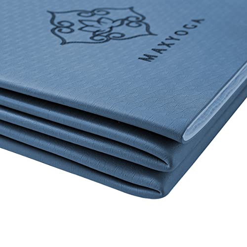 MAXYOGA® Esterilla Doblable para Yoga Colchoneta Yoga Mat Antideslizante y Ligera de Material Ecológico TPE. Tamaño Ideal 183cm x 61cm x 6mm. (Azul)