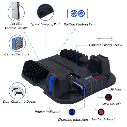 Mcbazel Soporte PS5 Slim con Enfriamiento Turbo de 3 Velocidades, Estación de Carga de Doble Controlador con Almacenamiento de Rack de Discos para PS5 Slim Disco/Edición Digital Únicamente - Negro