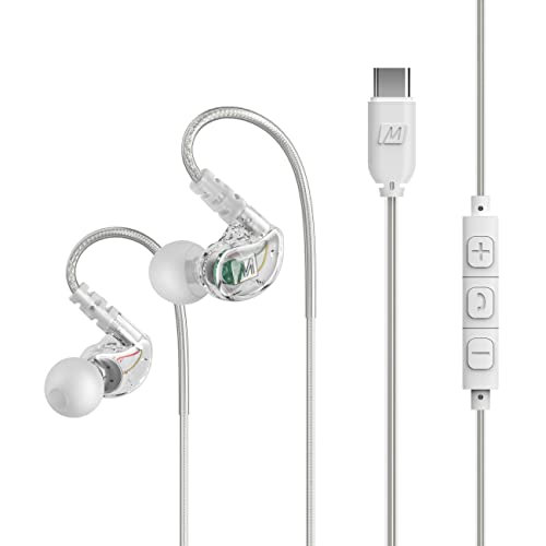 MEE audio M6 Sport Auriculares Deportivos con Cable USB-C con Gancho de Oreja, Auriculares in Ear para Deporte/Running/Gimnasio con Cancelación del Ruido (Transparente)