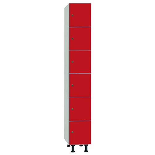 Megablok Taquillas Melamina Desmontada 6 Puertas Roja y 1 Cuerpo Blanco. Dim: 1800 mm + 150 mm Patas x 308 mm x 500 mm