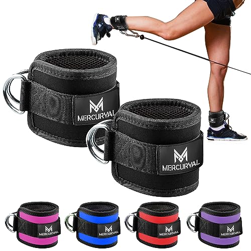 MERCURYAL Pack 2 Tobilleras Poleas Gym - Tobillera para Polea Acolchada de Velcro para Mujeres y Hombres - Correa Tobillos Gym para Máquina de Cable Fitness y Gimnasio (Negro)