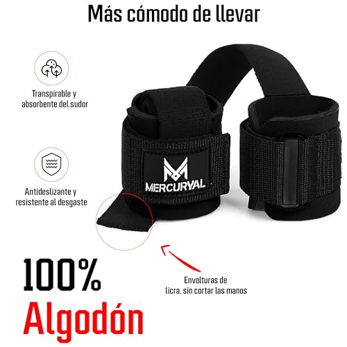 MERCURYAL Straps Gym con Muñequera para Levantamiento de Pesas y Powerlifting - Muñequeras Gym - Lifting Straps - Correas de Agarre - Agarraderas de Gimnasio para Peso Muerto (Negro)