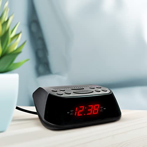 Metronic 477003 - Radio Despertador Digital con Reloj LED Rojo, pequeño, Compacto, con función Doble Alarma, Sleep/Snooze y sintonizador Radio FM con Memoria para 10 emisoras