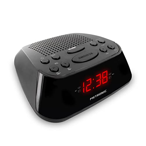 Metronic 477003 - Radio Despertador Digital con Reloj LED Rojo, pequeño, Compacto, con función Doble Alarma, Sleep/Snooze y sintonizador Radio FM con Memoria para 10 emisoras