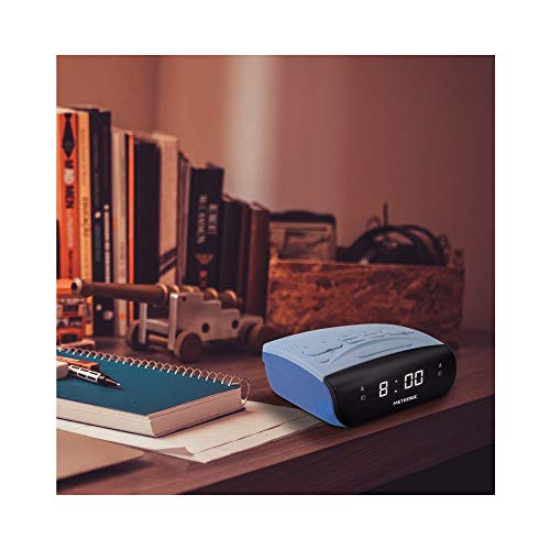 Metronic 477033 - Radio despertador digital con reloj LED blanco para sobremesa con función doble alarma, Sleep/Snooze y sintonizador radio AM/FM con memoria para 20 emisoras, Color Gris / Azul