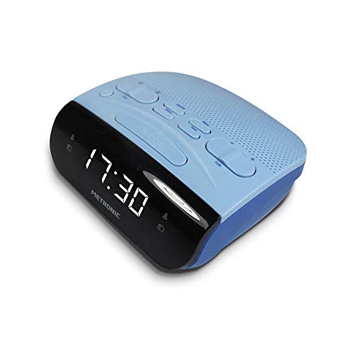 Metronic 477033 - Radio despertador digital con reloj LED blanco para sobremesa con función doble alarma, Sleep/Snooze y sintonizador radio AM/FM con memoria para 20 emisoras, Color Gris / Azul