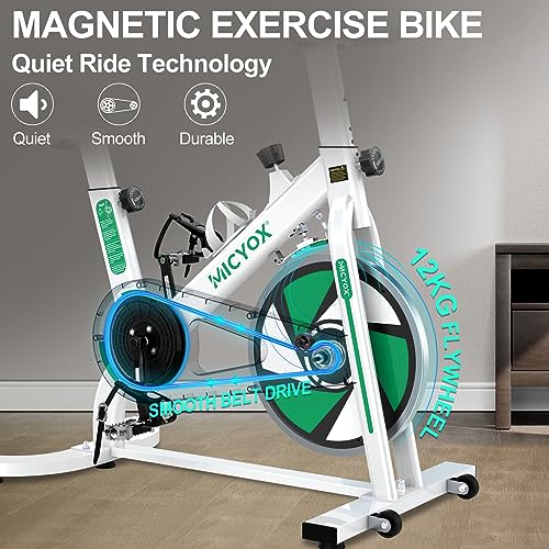 Micyox MX87 Bicicleta Estática Magnética Bicicleta de Ciclismo Interior con Volante de Inercia de 12kg, Sensor de Pulso, Bicicletas Estacionarias Silenciosas para Hogar