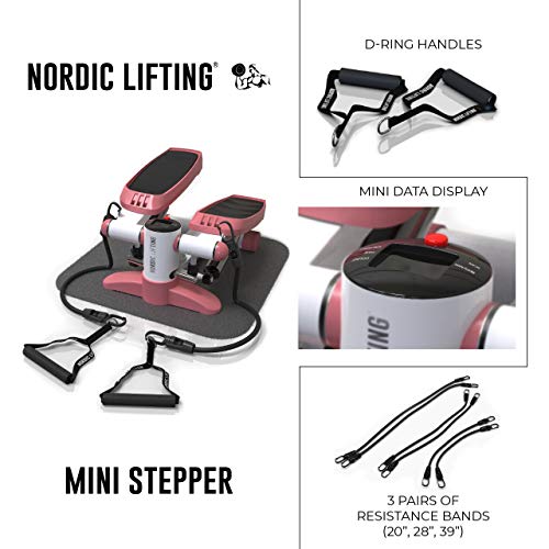 Mini Stepper & Escaladora - con Juego de Bandas de Resistencia - Monitor Incorporado por Nordic Lifting (Rosa)