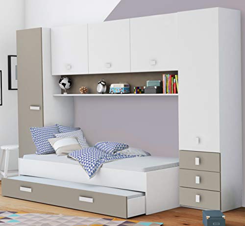 Miroytengo Pack Dormitorio Puente Infantil Juvenil Tidy Color Blanco y Arcilla. Conjunto Habitación Moderna (Armario + Cama + cajón)