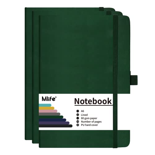 Mlife Cuaderno Rayado A6 3Pack,Libreta con 192 páginas,Papel grueso de 80g/m² resistente a la tinta,Notebook con Tapa Dura de PU,Bolsillo interior,Banda elástica,Bullet Journal&Diary(Verde)