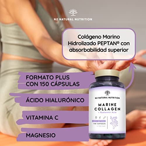 N2 Natural Nutrition Colageno Marino PEPTAN con Magnesio y Acido Hialuronico. Vitamina C. 150 Cápsulas. Alta Concentración. Cuidado de Articulaciones, Piel y Huesos.