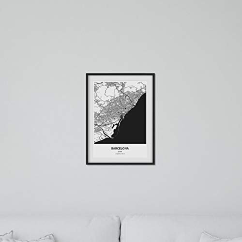 Nacnic Poster con Mapa de Barcelona - España. Láminas de Ciudades de España con Mares y ríos en Color Negro. Tamaño A4