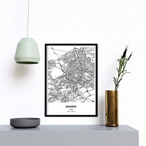 Nacnic Poster con mapa de Madrid - España. Láminas de ciudades de España con mares y ríos en color negro. Tamaño A4
