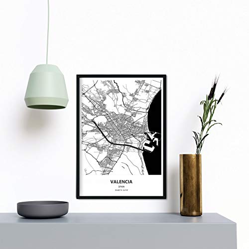 Nacnic Poster con mapa de Valencia - España. Láminas de ciudades de España con mares y ríos en color negro. Tamaño A3