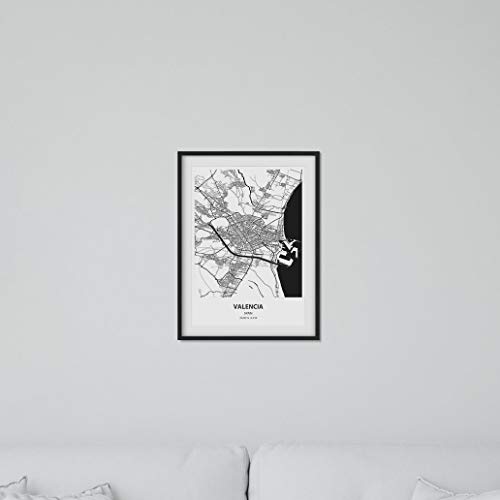 Nacnic Poster con mapa de Valencia - España. Láminas de ciudades de España con mares y ríos en color negro. Tamaño A3
