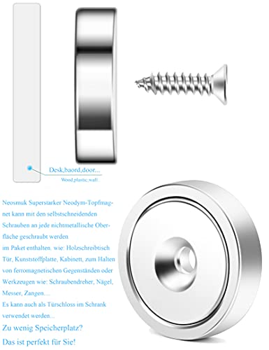 Neosmuk Imanes con agujero avellanado, base magnética fuerte de 32 mm de diámetro, poder de sujeción con imán de agujero resistente y tornillo de acero inoxidable autocónico