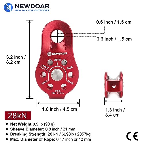 NewDoar CE Certificado 28KN/6298lb Micro Polea Carro Lateral Fijo para Escalada, elevación de Rescate, Enganche-Rojo 1 Pieza