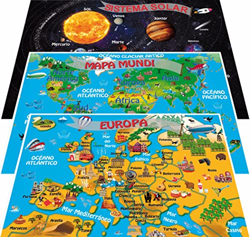 NITRAM Mapa del Mundo infantil, Europa y Sistema Solar de Pared. 3 Poster Láminas para decorar habitación niños. Tamaño A3 (Spanish)