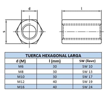 NOLDAR | Tuerca larga hexagonal en acero inoxidable A2. M6 x 30 mm. (4 uds)