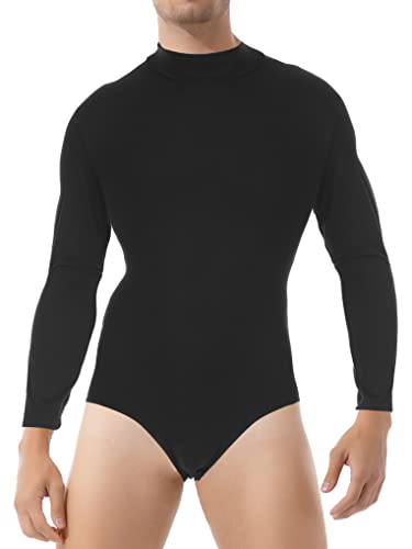 Nyeemya Mailot de Baile Manga Larga Body para Hombre Bodysuit Deportiva Leotardo Cuello simulado Camiseta Danza Ropa Negro M
