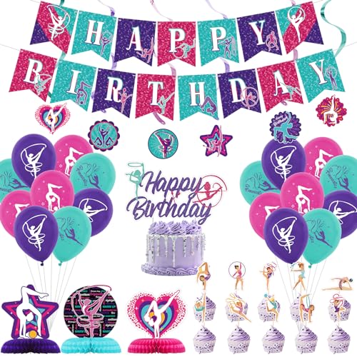 Obussgar Gimnasia decoraciones para fiestas de cumpleaños – accesorios para fiestas de gimnasia, incluyendo pancartas de cumpleaños, centro de mesa, decoración para tartas, globos (DZ)