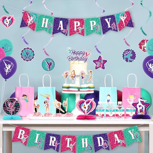 Obussgar Gimnasia decoraciones para fiestas de cumpleaños – accesorios para fiestas de gimnasia, incluyendo pancartas de cumpleaños, centro de mesa, decoración para tartas, globos (DZ)