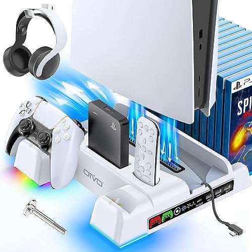 OIVO Soporte para PS5 con Ventilador de 3 Velocidades, Cargador para Mando PS5 con Luz RGB, Soporte PS5 Vertical con 3 Puertos USB y Ranuras de 14 Juegos para PS5 Consola