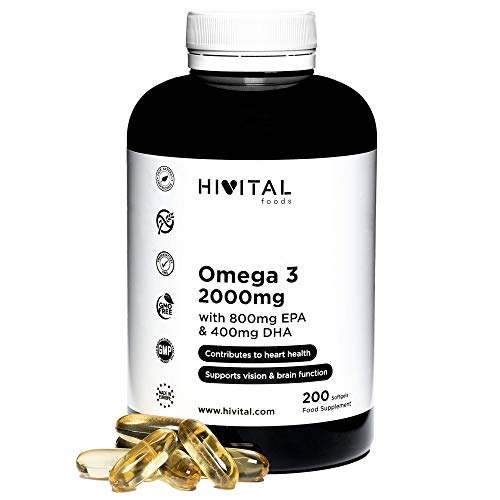Omega 3 2000 mg | 200 cápsulas para más de 3 meses | Con 800 mg EPA, 400 mg DHA y Vitamina E Natural | Contribuye a la salud cardíaca, cerebral y ocular