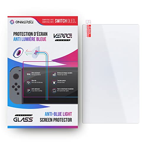 Oniverse Protector de pantalla Switch OLED - Cristal templado anti luz azul compatible con Nintendo Switch - Película protectora para la pantalla - Resistente y anti arañazos