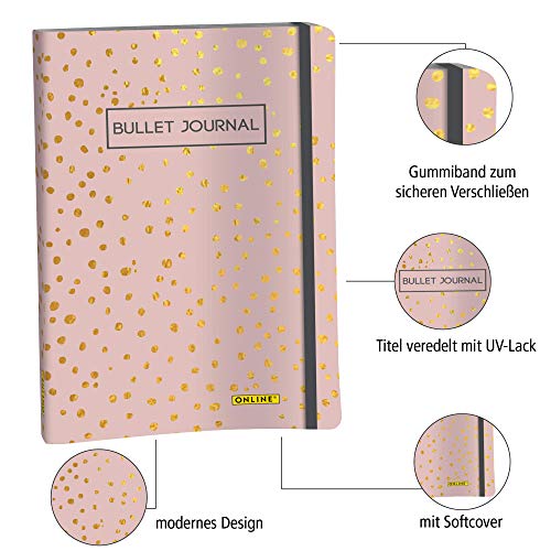 Online Bullet Journal - Cuaderno con tapa blanda, banda elástica, DIN A5, papel FSC de 120 g/m², 144 páginas punteadas, anotador para escribir, hacer caligrafía y dibujar, diseño Spotlights Rose